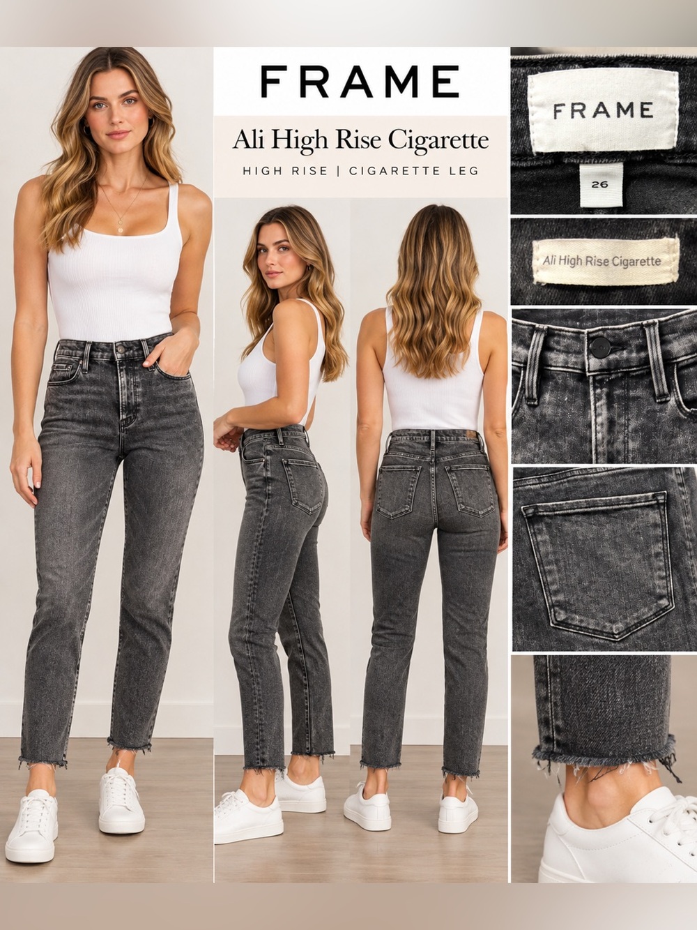 FRAME Ali High Rise Cigarette Jeans Size 26 Black Gray Raw Hem